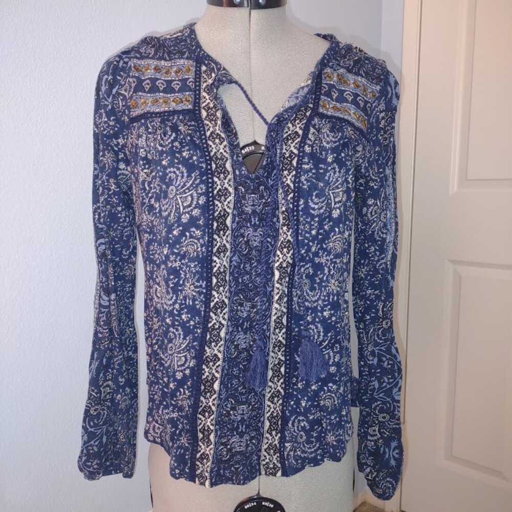 Lucky Brand XS Indigo Blue Knit Blouse with Brass Beading